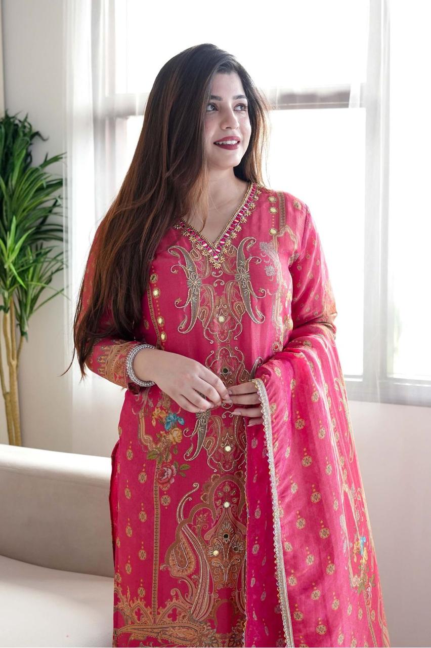 Multicoloured  print with  work and Dupatta