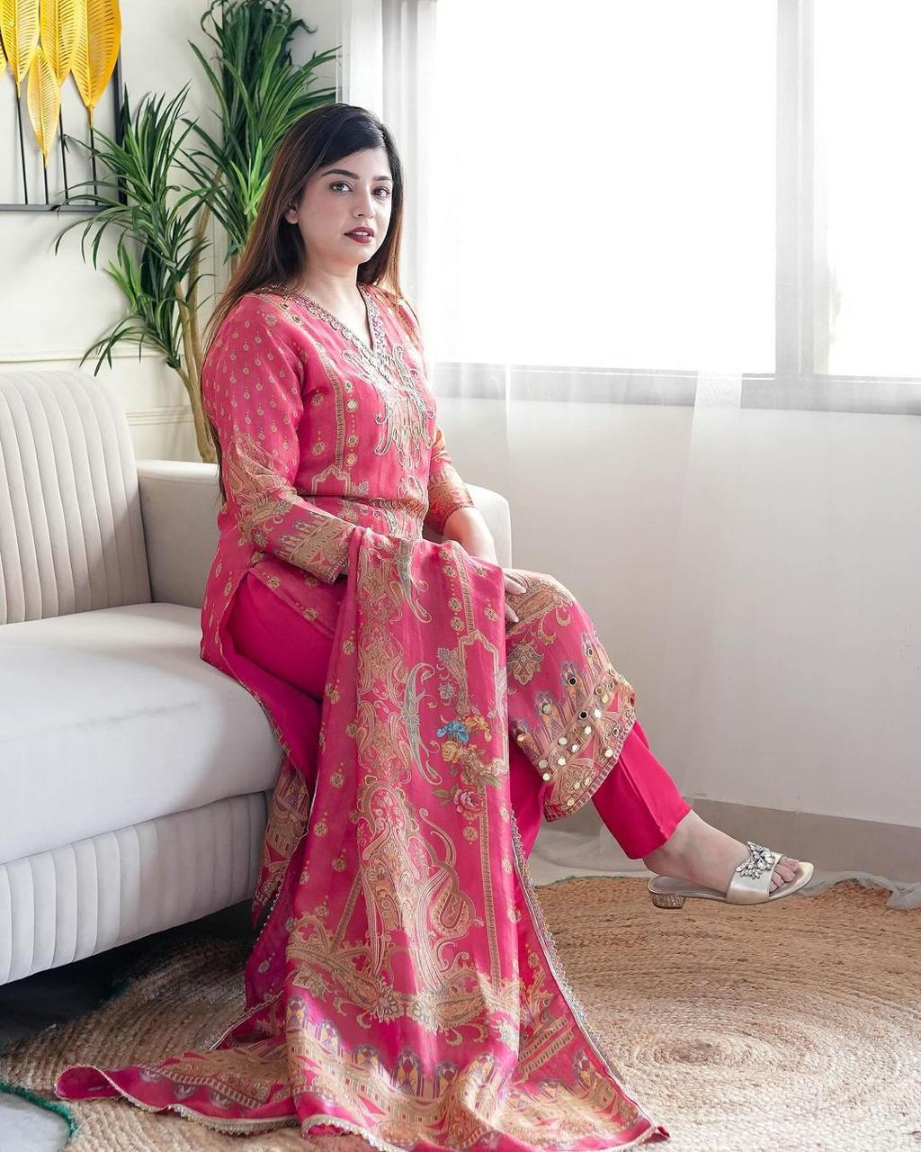 Multicoloured  print with  work and Dupatta