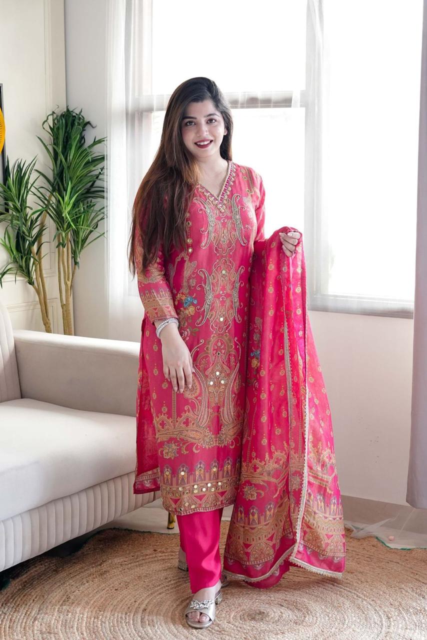 Multicoloured  print with  work and Dupatta