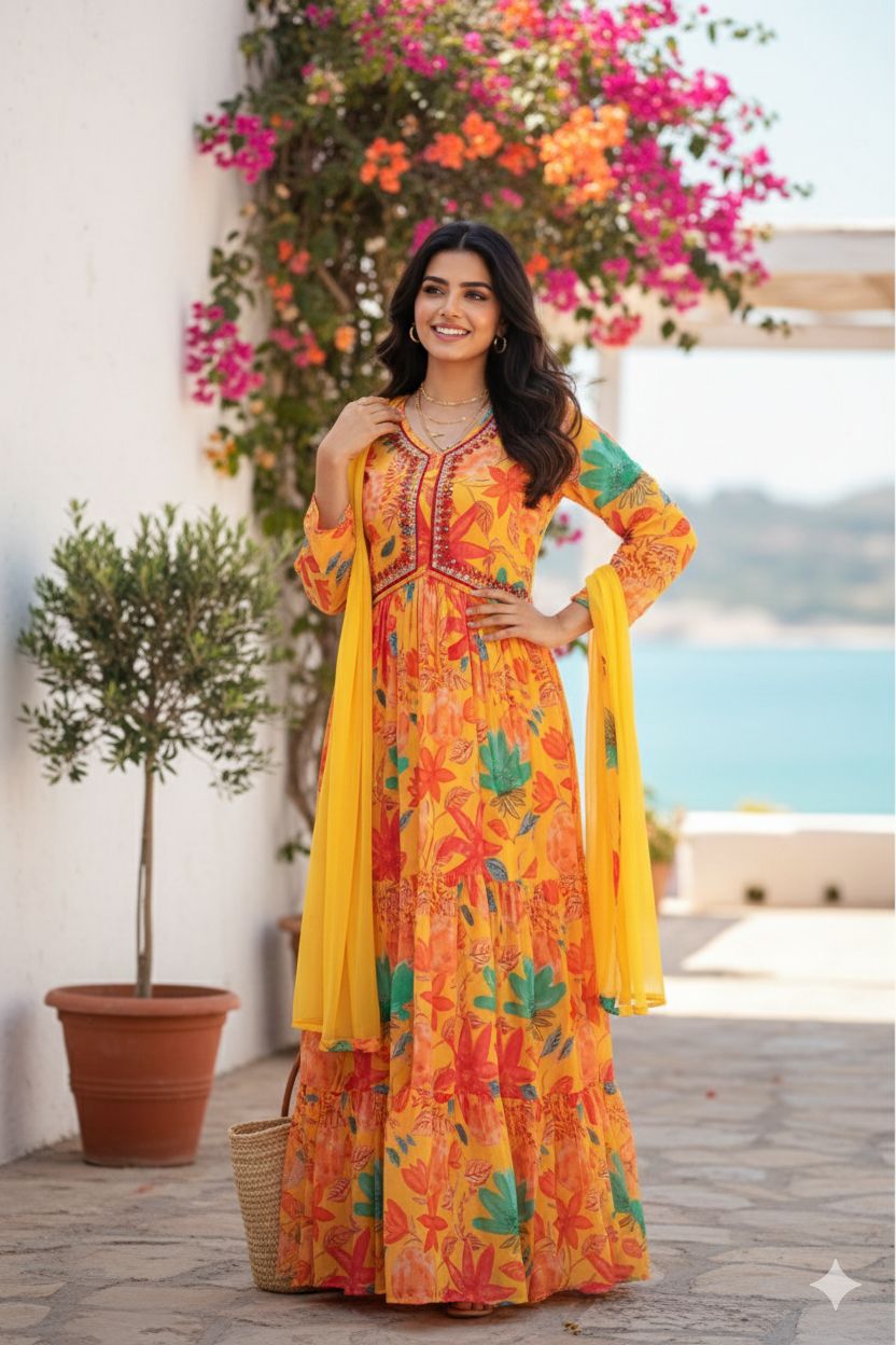 Multicoloured Anarkali with mirror  work