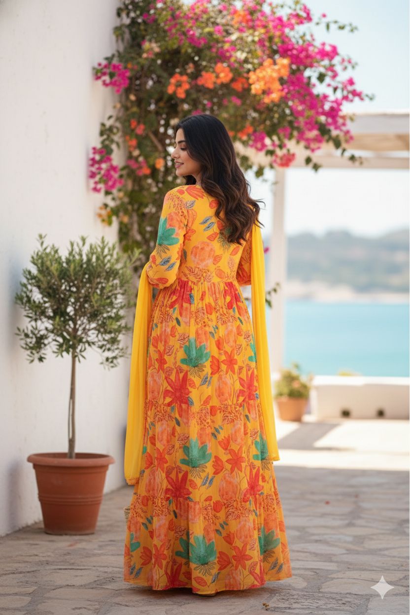 Multicoloured Anarkali with mirror  work