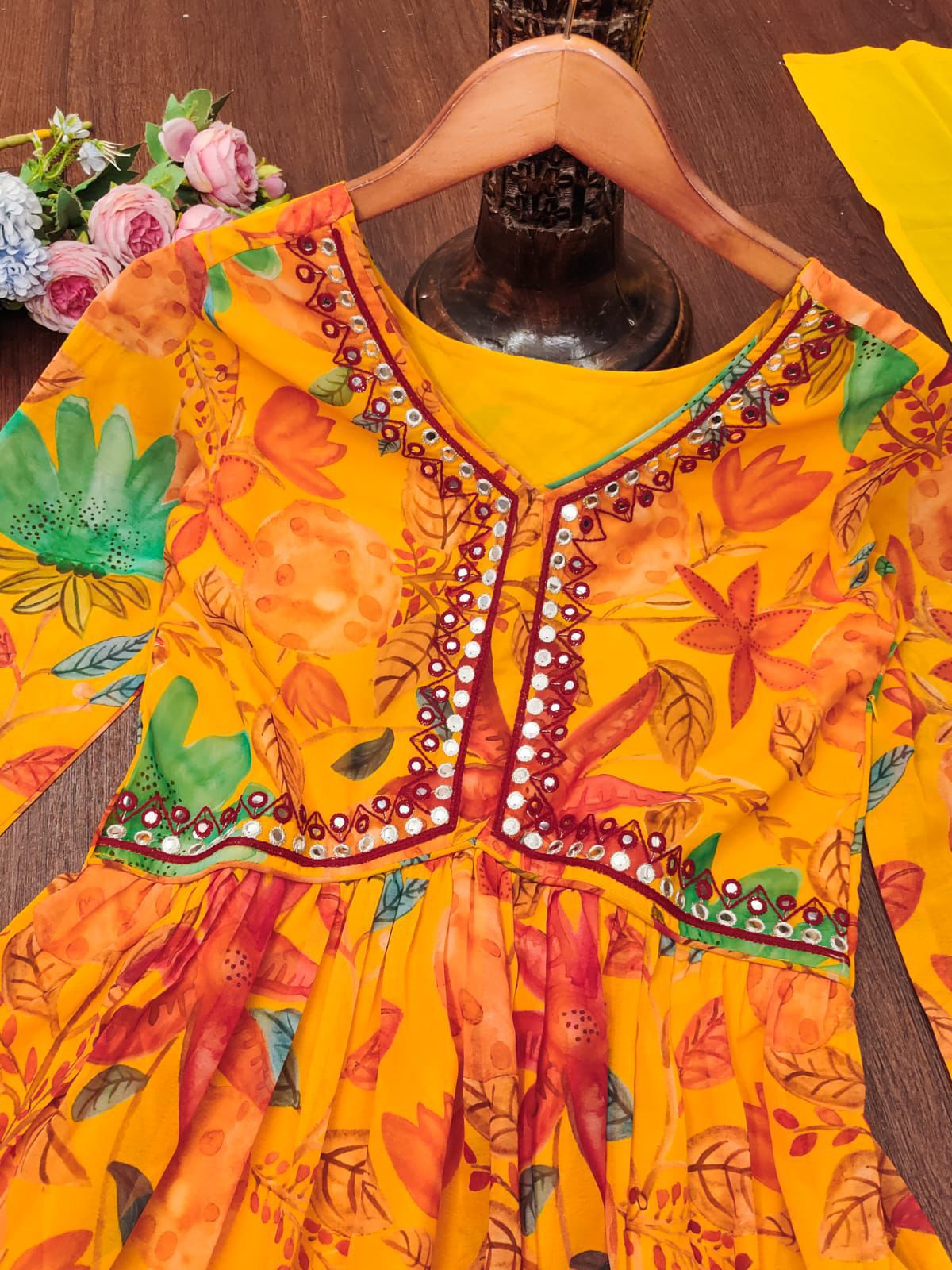 Multicoloured Anarkali with mirror  work