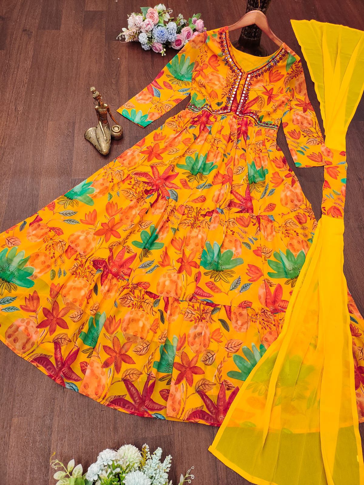 Multicoloured Anarkali with mirror  work