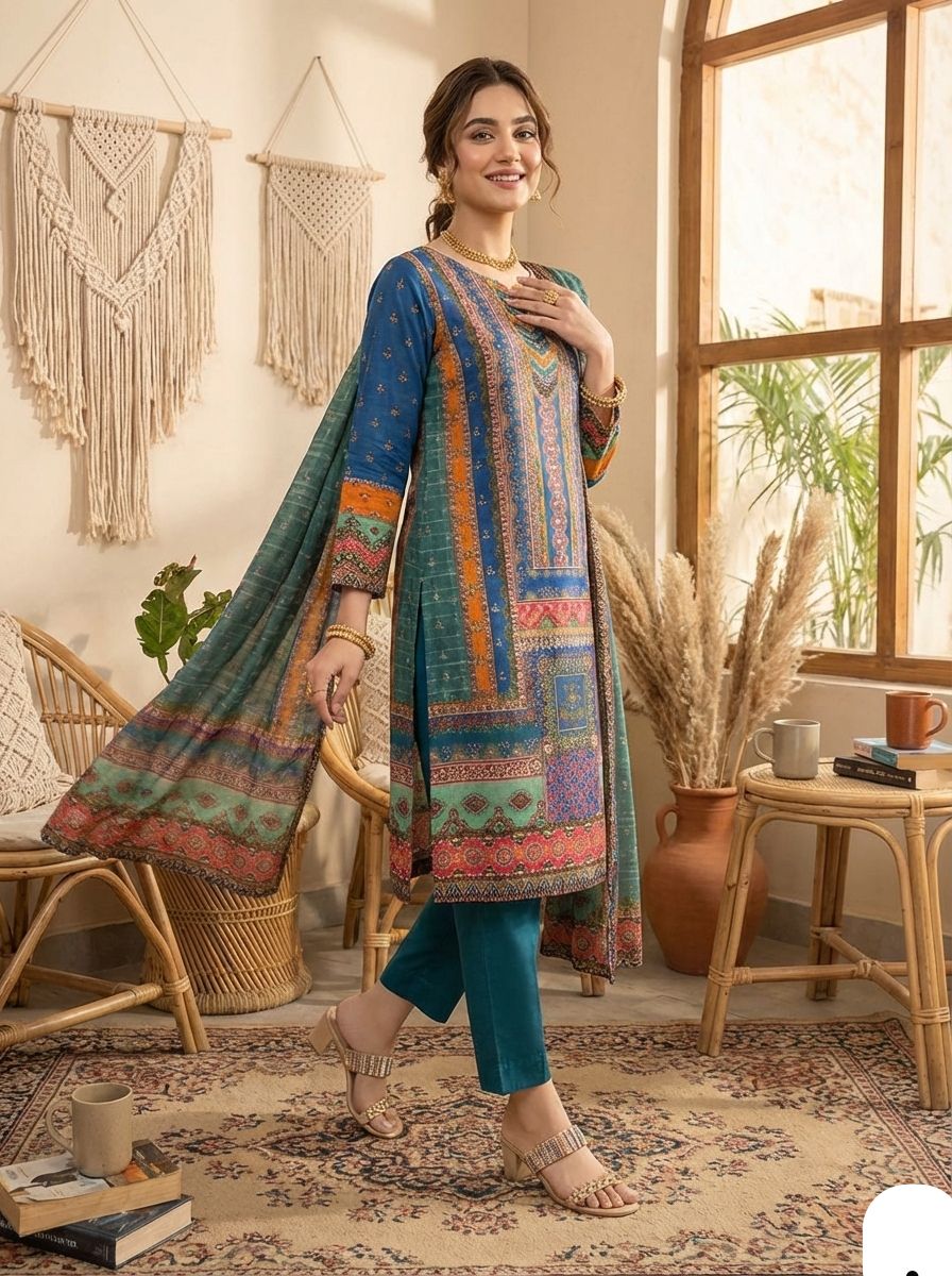 Multicoloured  print with  work and Dupatta
