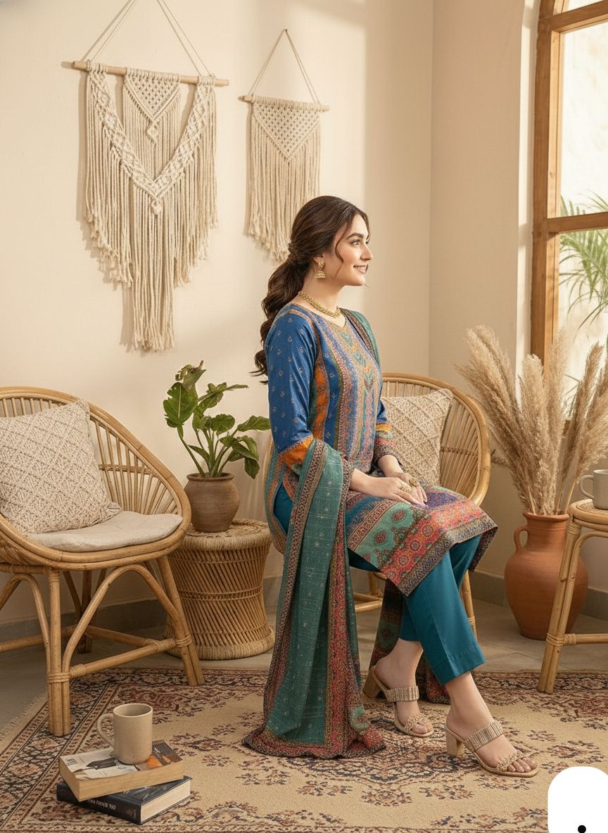 Multicoloured  print with  work and Dupatta