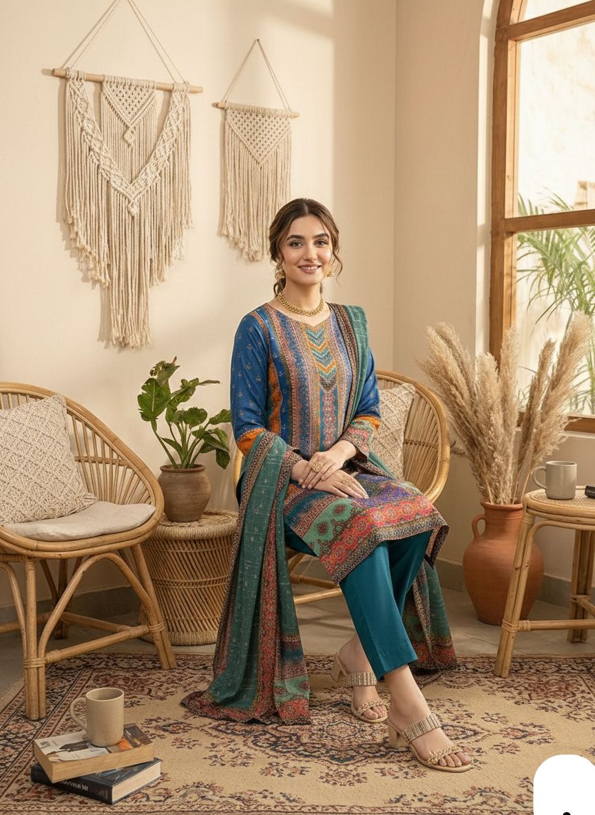 Multicoloured  print with  work and Dupatta