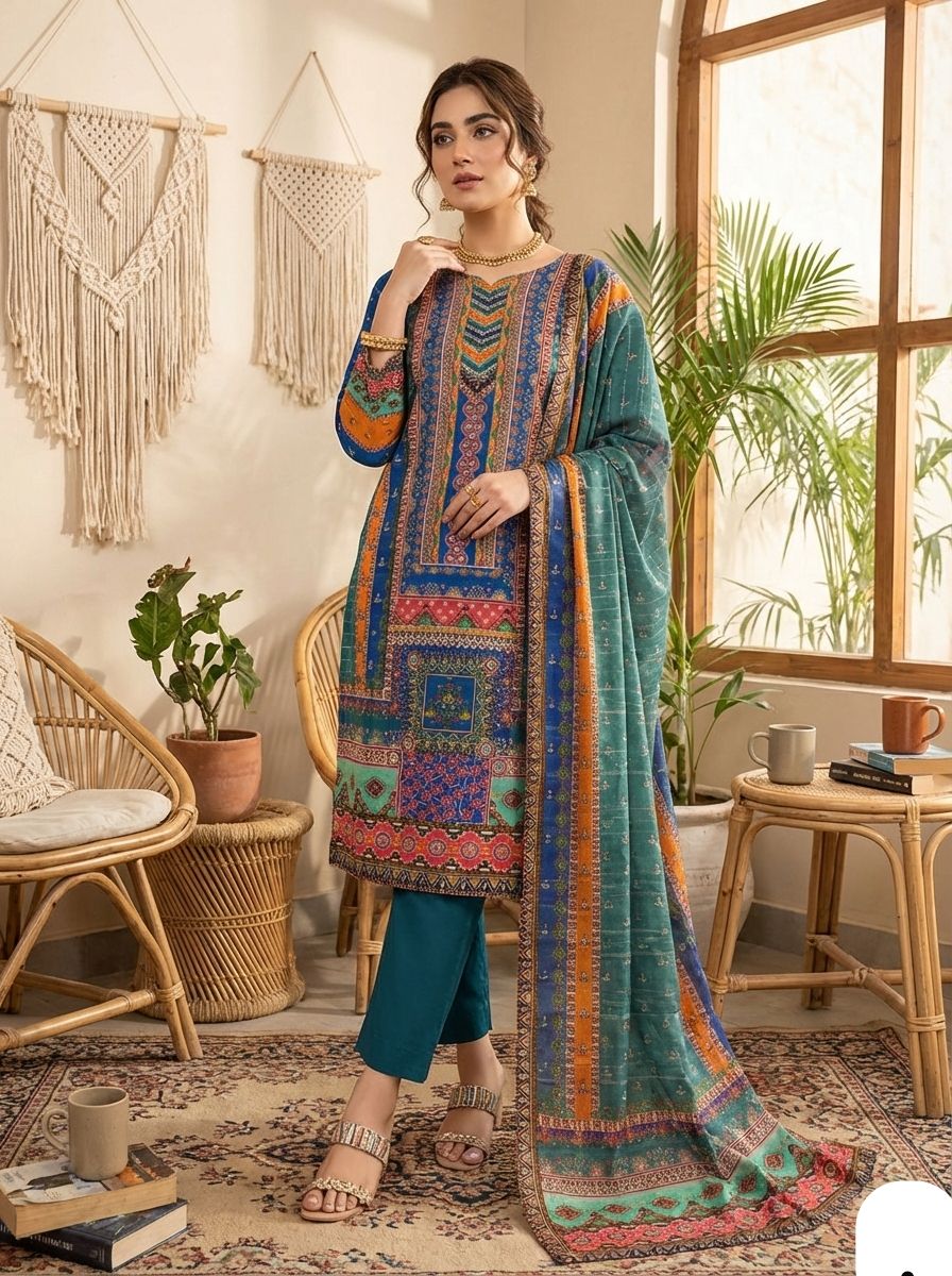 Multicoloured  print with  work and Dupatta