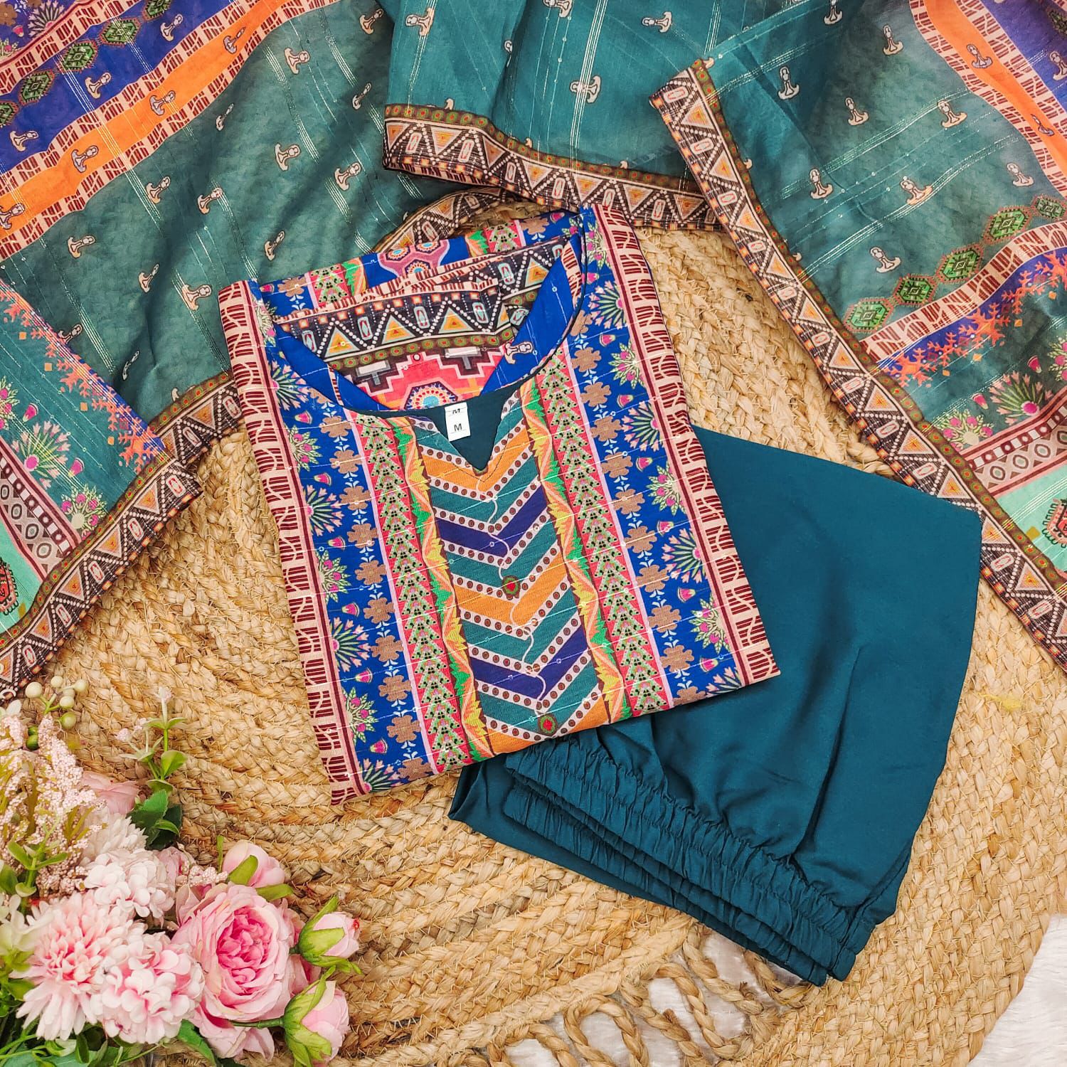 Multicoloured  print with  work and Dupatta