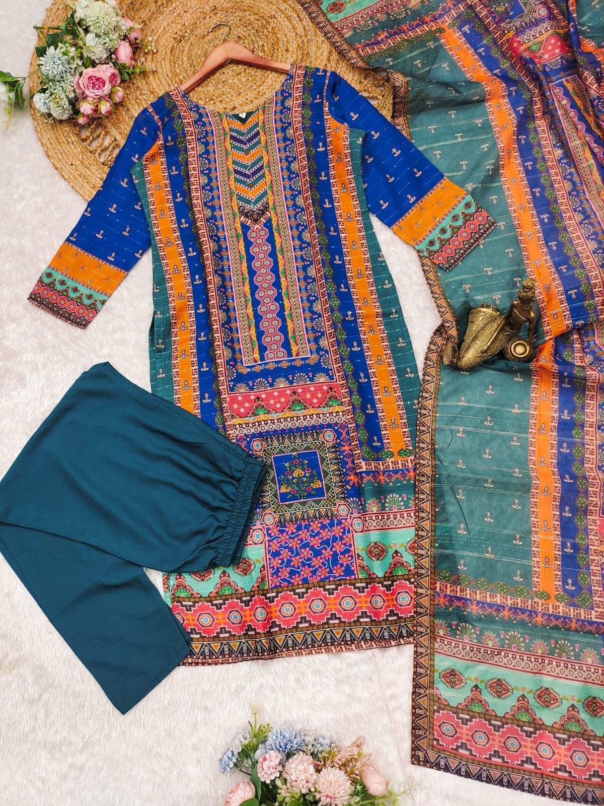 Multicoloured  print with  work and Dupatta
