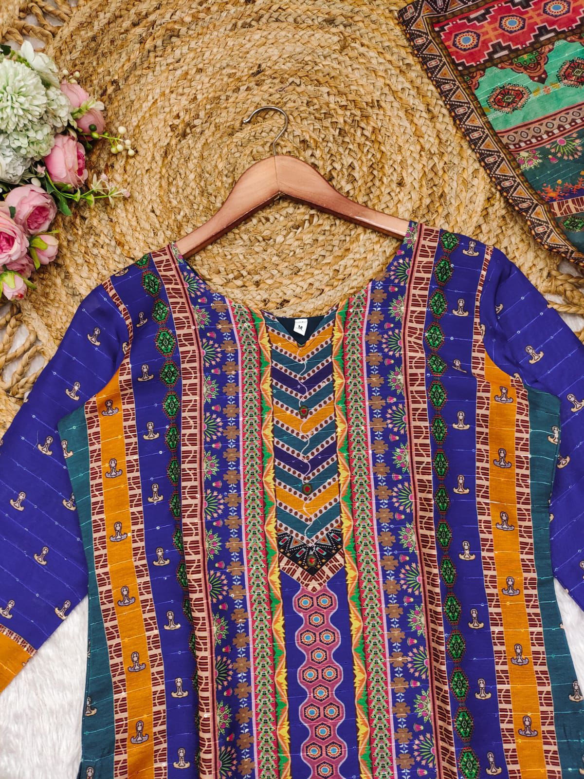 Multicoloured  print with  work and Dupatta