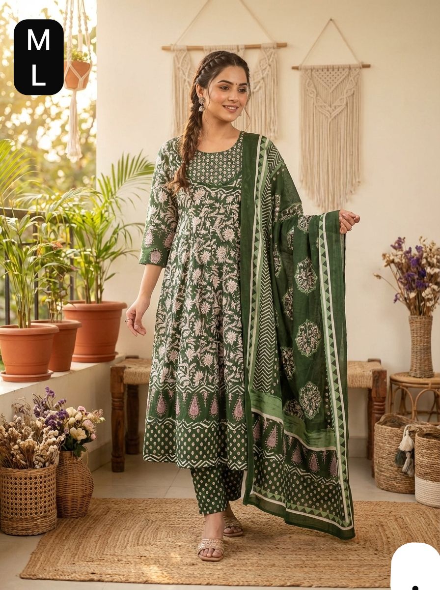 Green Anarkali Stitchied Suit Set