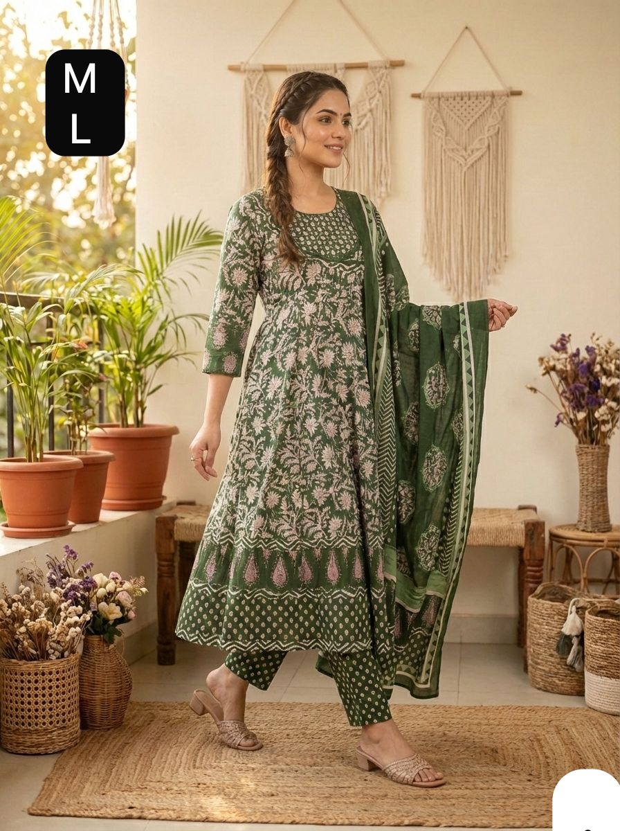 Green Anarkali Stitchied Suit Set