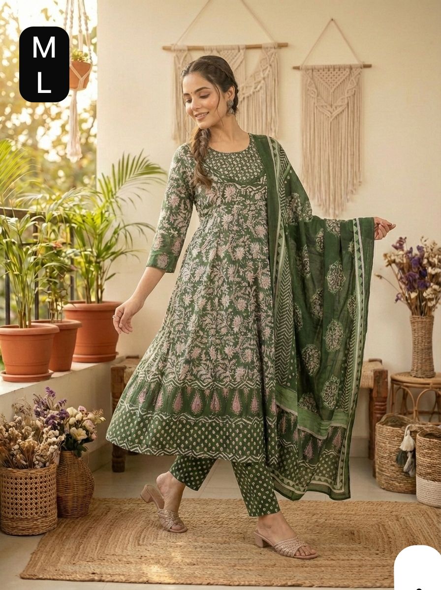 Green Anarkali Stitchied Suit Set