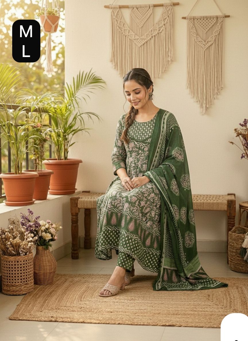 Green Anarkali Stitchied Suit Set