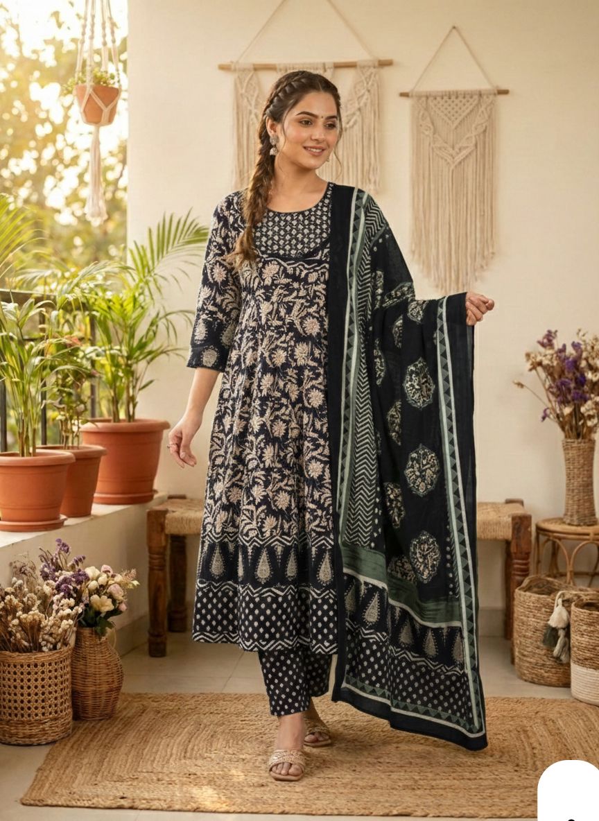 Black Anarkali Stitchied Suit Set