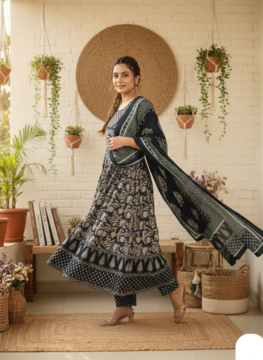 Black Anarkali Stitchied Suit Set