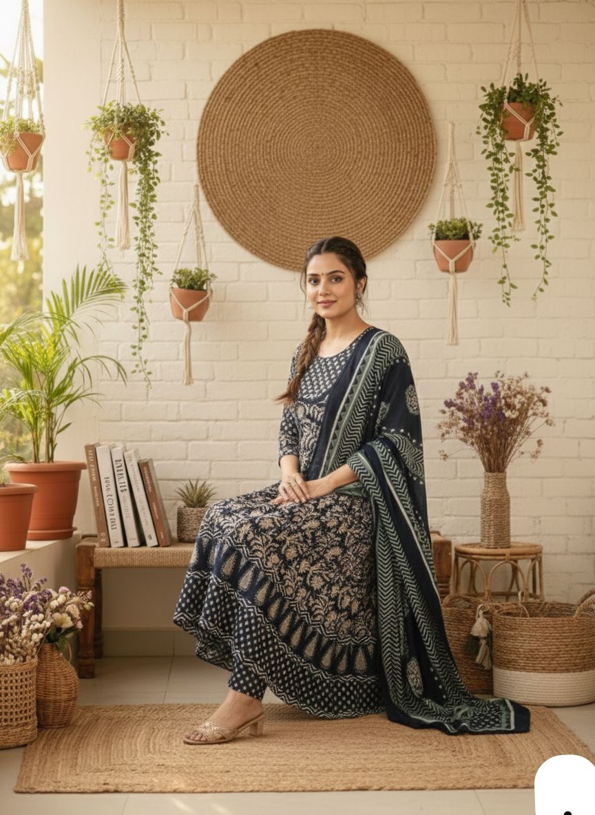 Black Anarkali Stitchied Suit Set