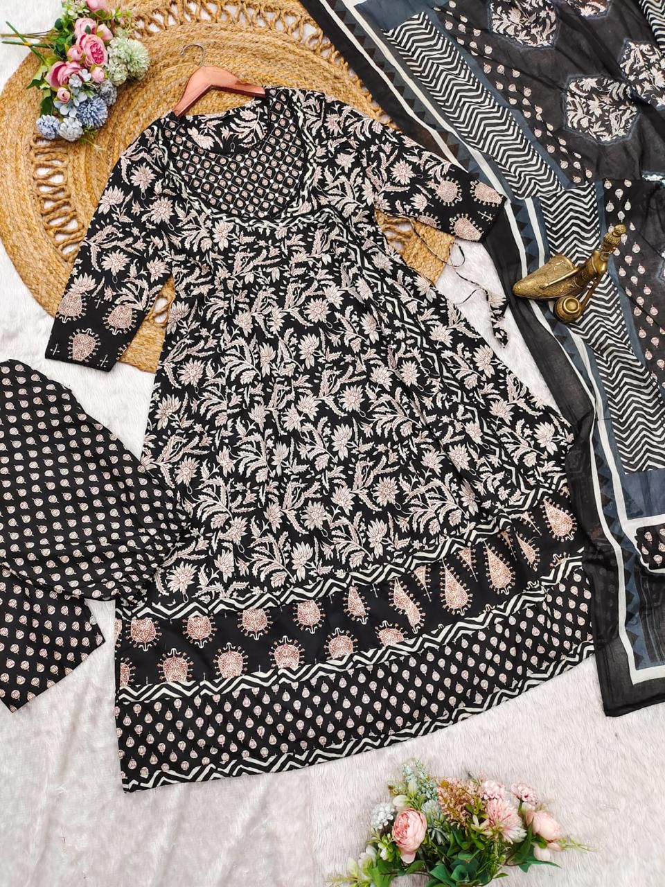 Black Anarkali Stitchied Suit Set