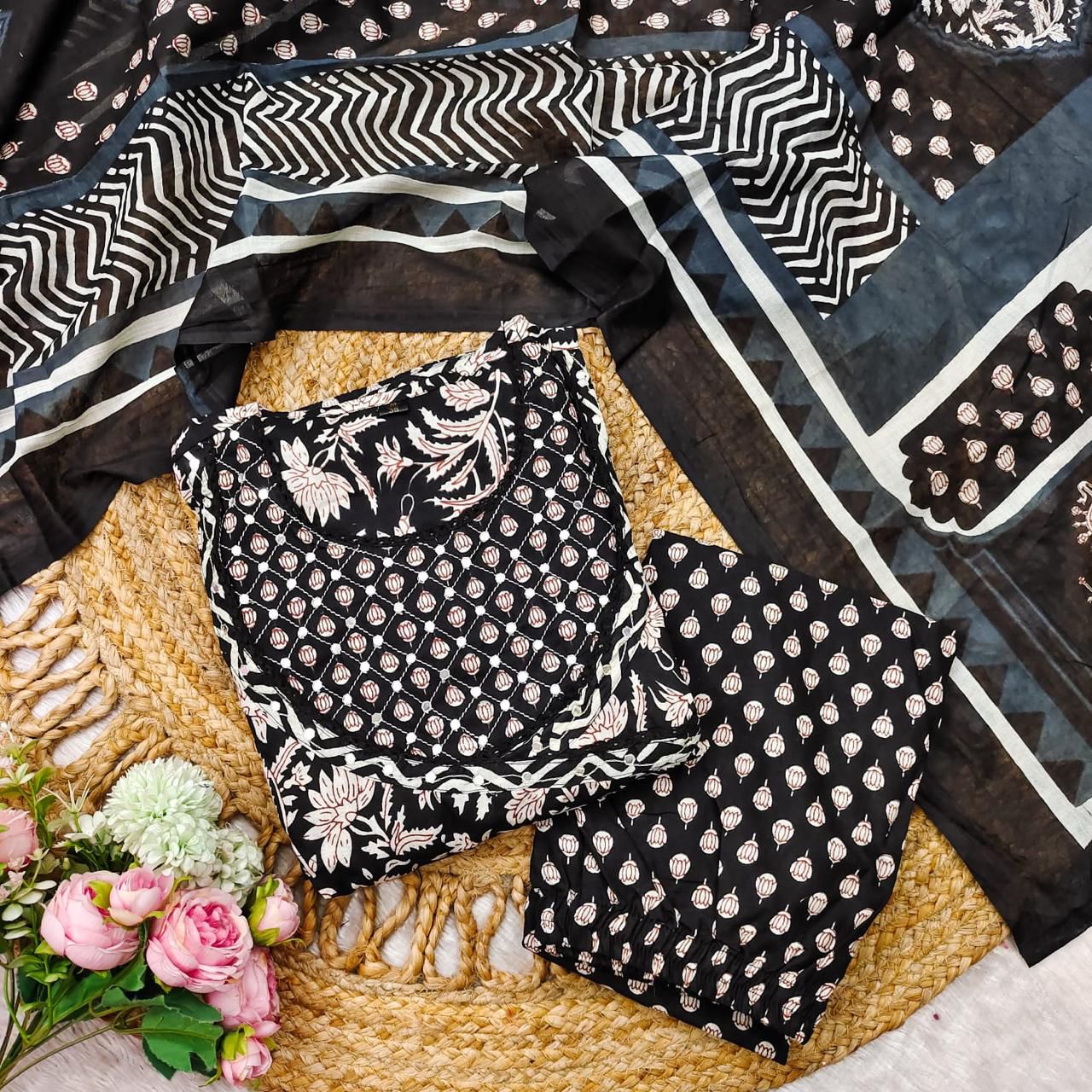 Black Anarkali Stitchied Suit Set