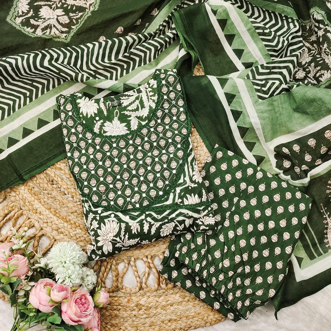 Green Anarkali Stitchied Suit Set