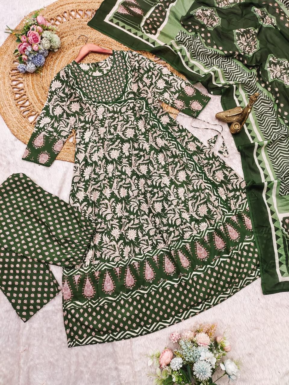 Green Anarkali Stitchied Suit Set