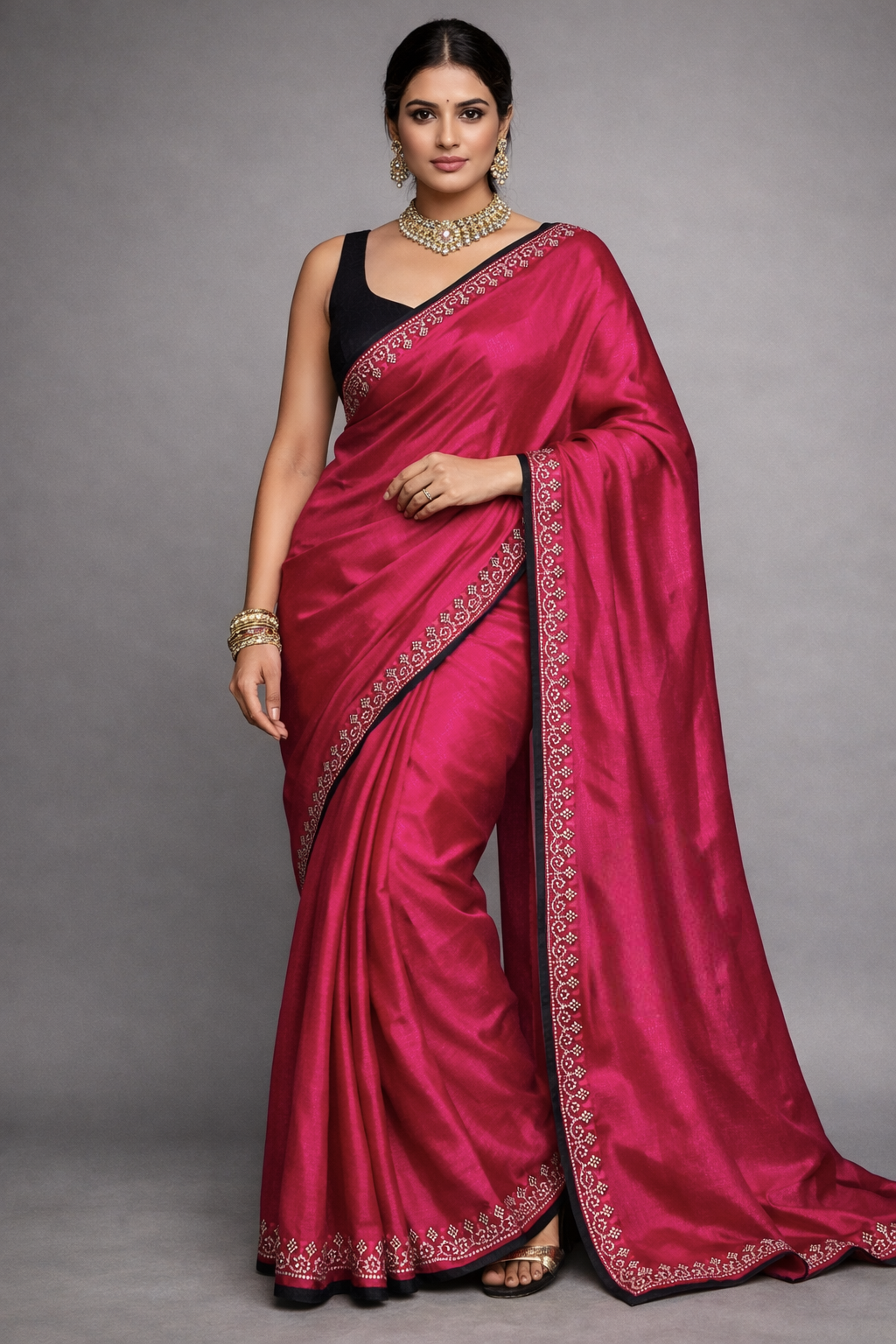 Luxury  Rani Party Wear Saree with Stone Work Details