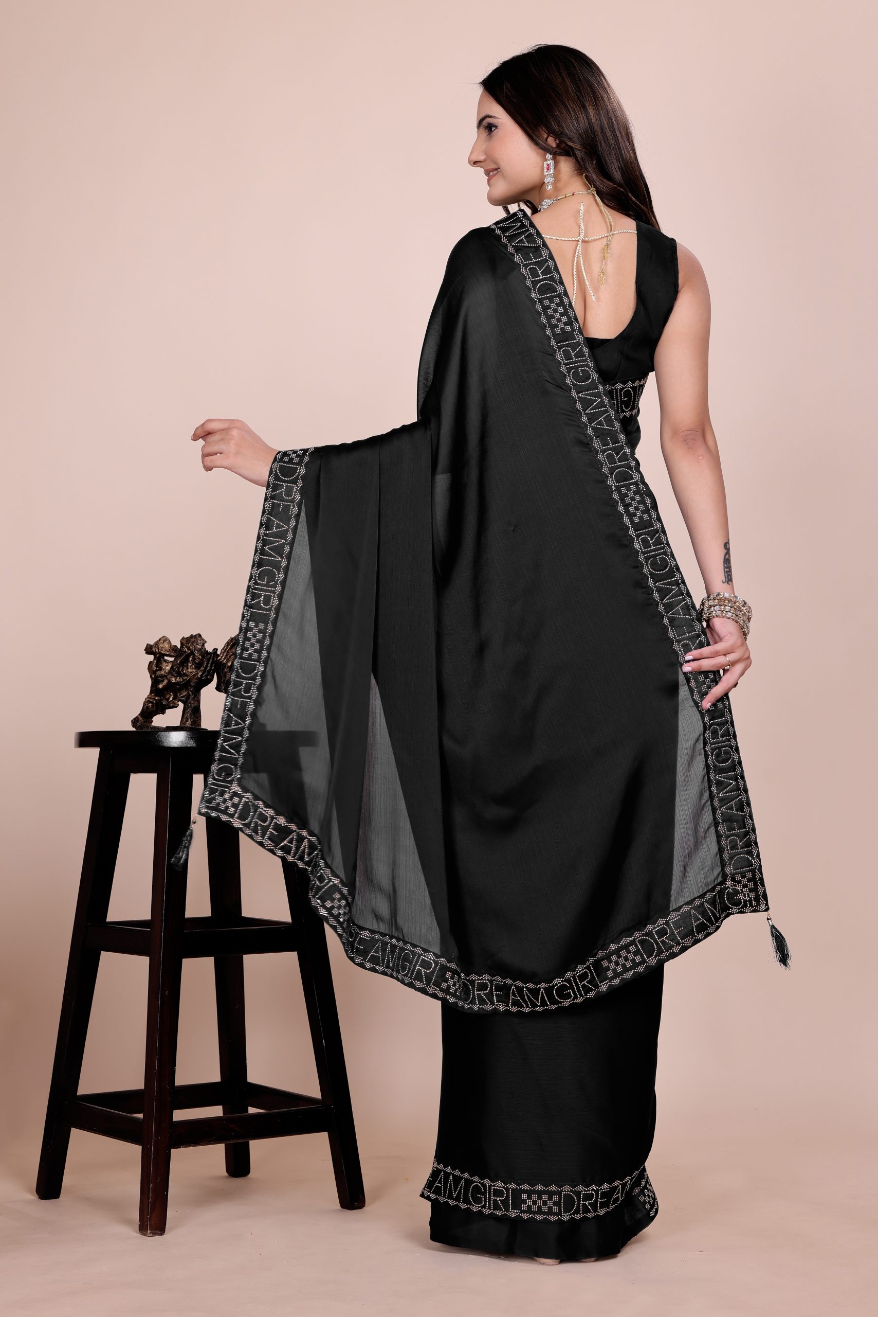 Dark blue dream girl stonework satin saree