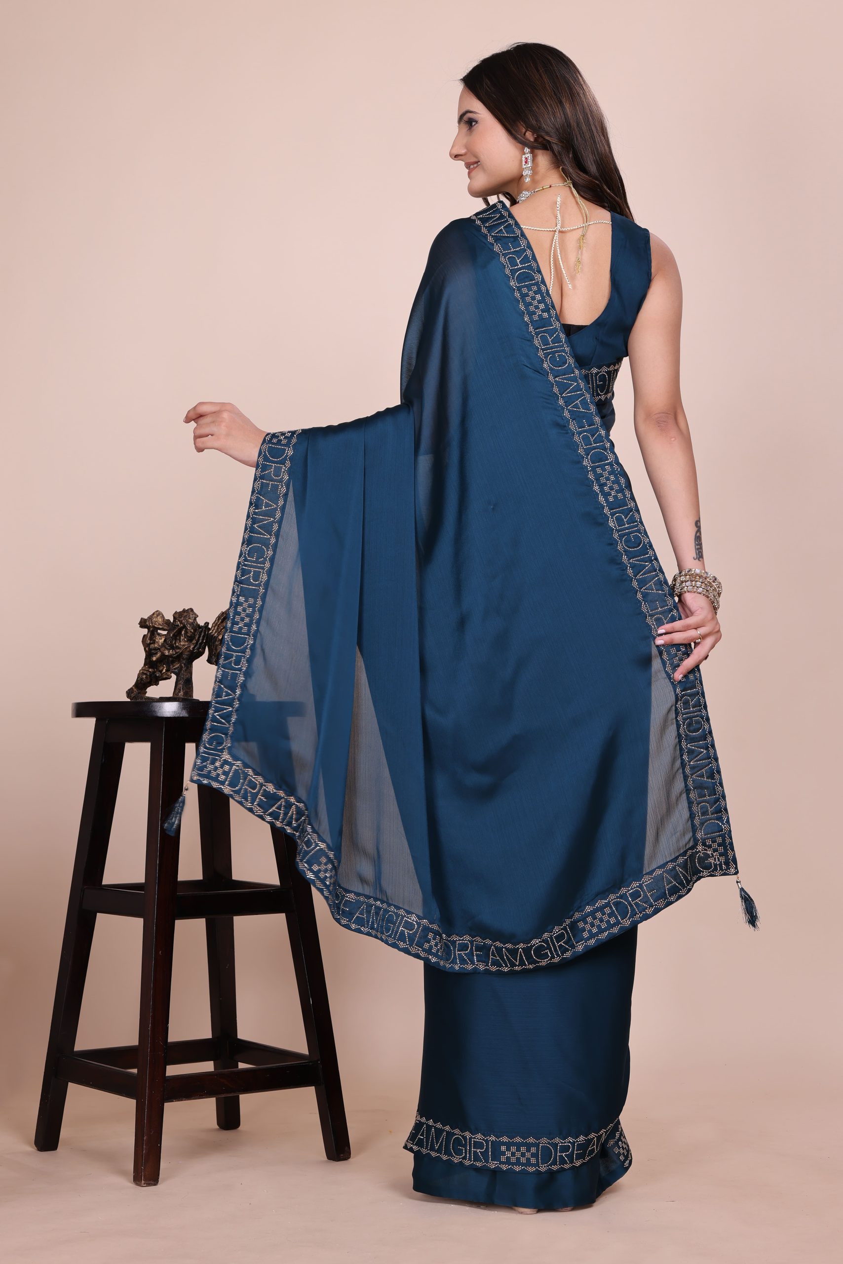 Dark blue dream girl stonework satin saree