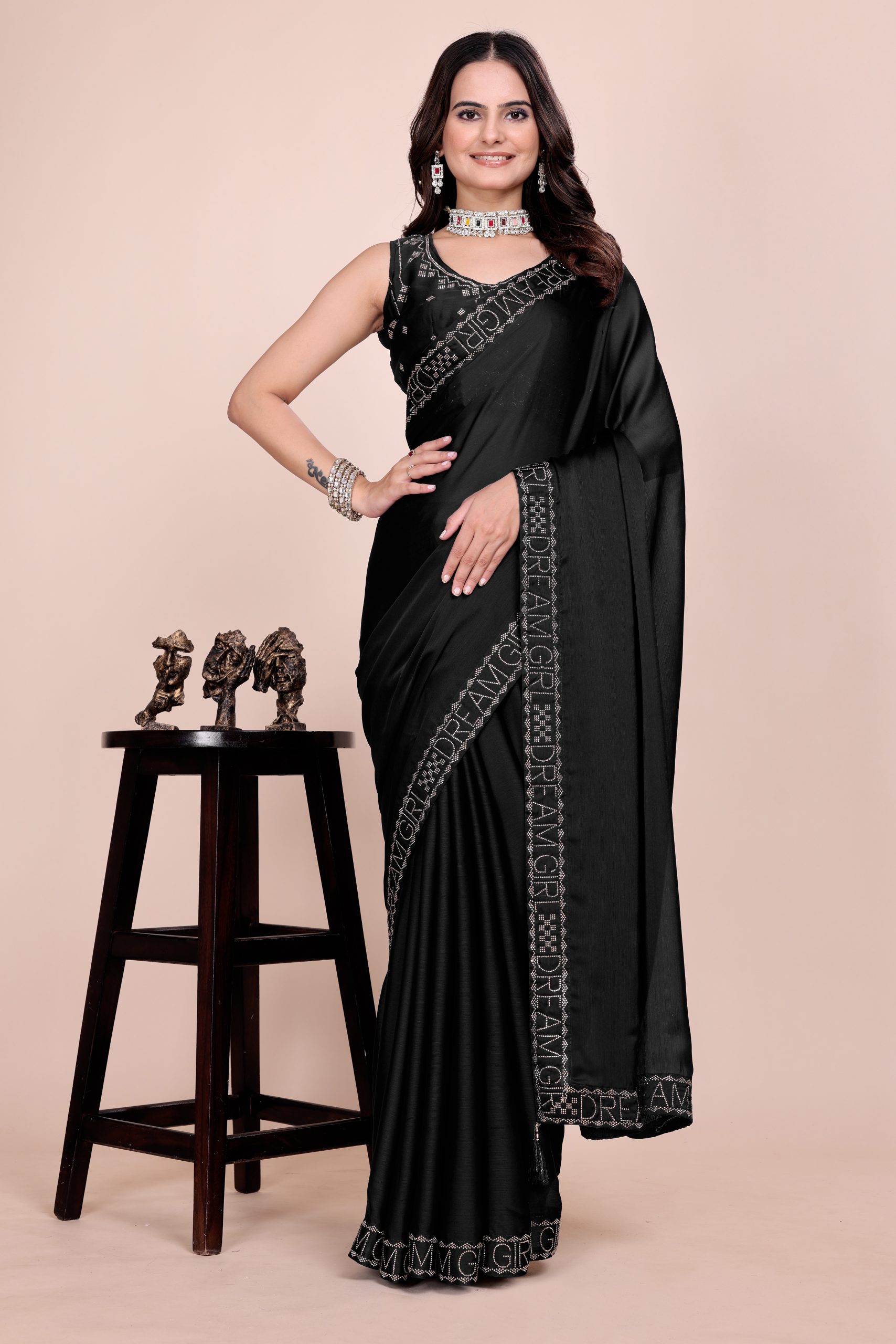Dark blue dream girl stonework satin saree