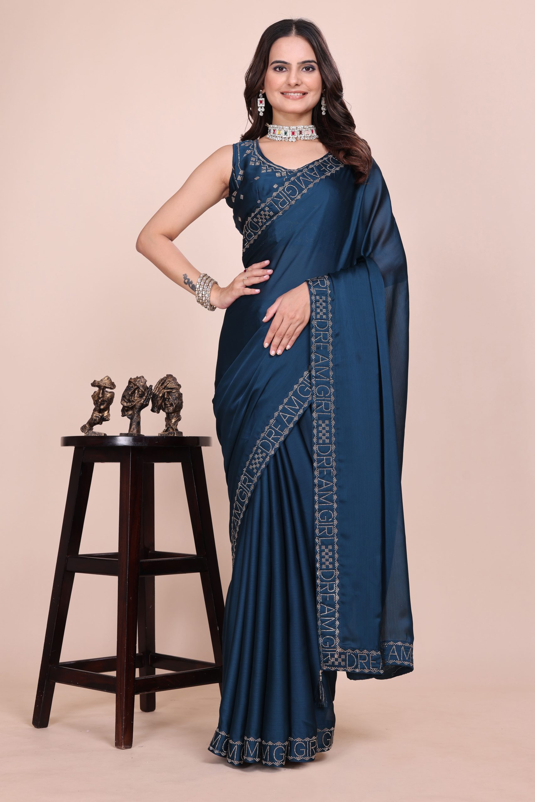 Dark blue dream girl stonework satin saree