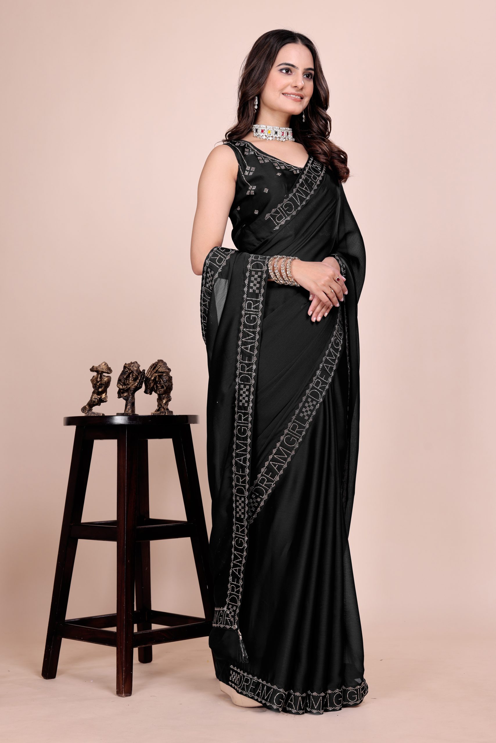 Dark blue dream girl stonework satin saree
