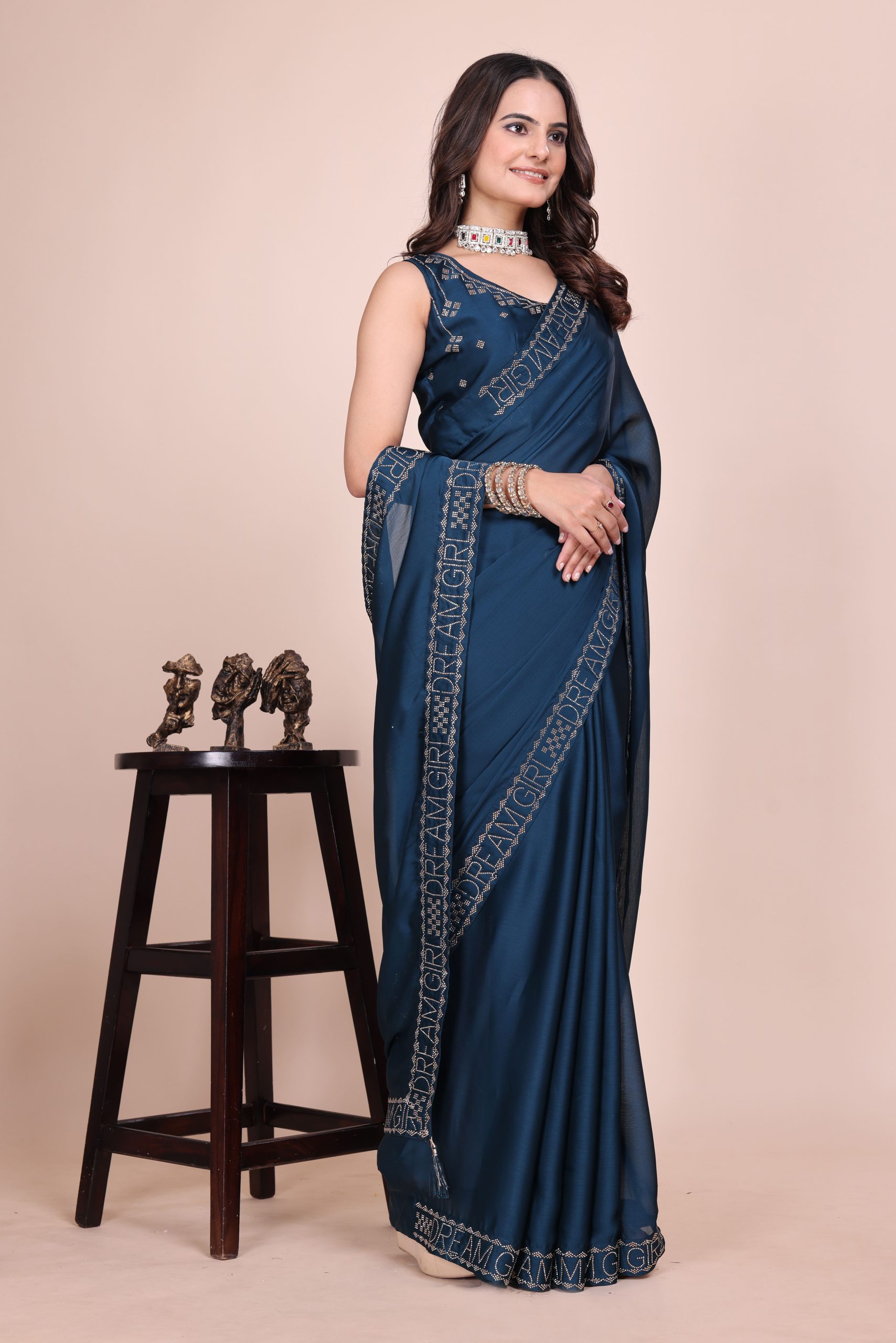 Dark blue dream girl stonework satin saree