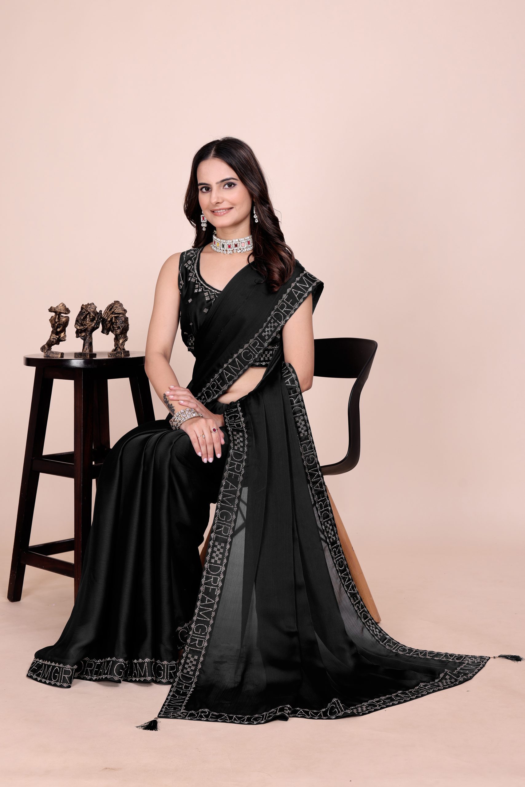 Dark blue dream girl stonework satin saree