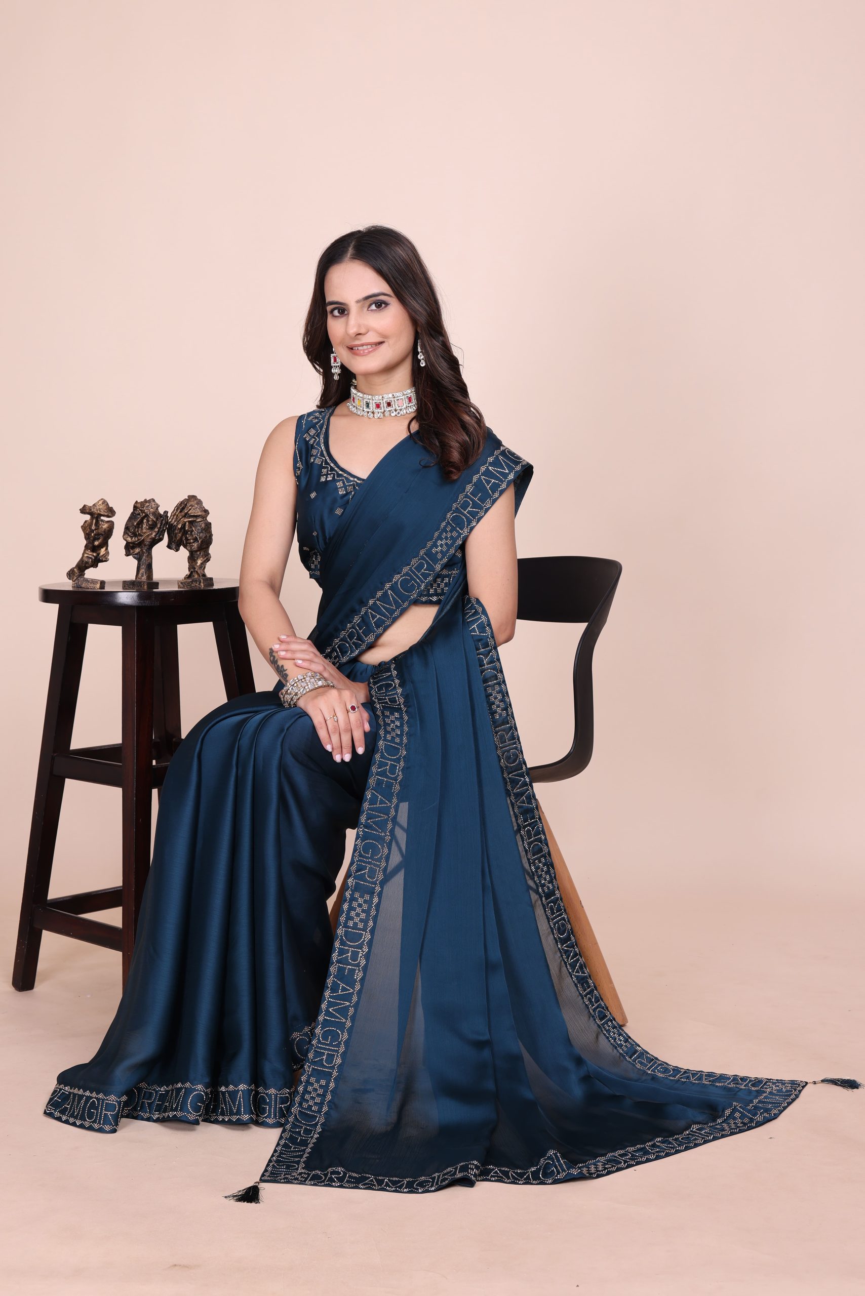 Dark blue dream girl stonework satin saree