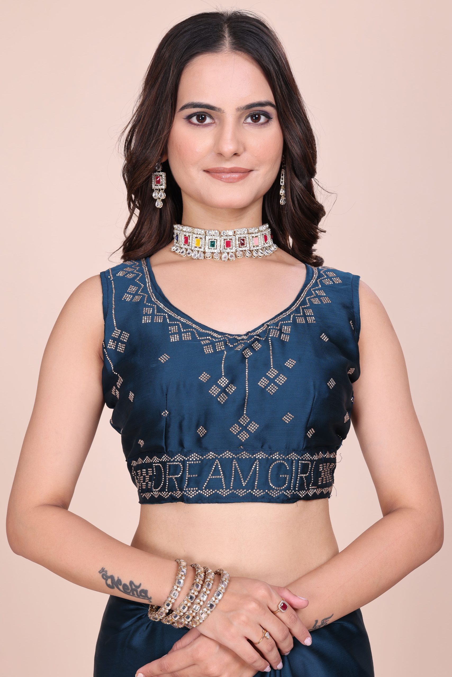 Dark blue dream girl stonework satin saree