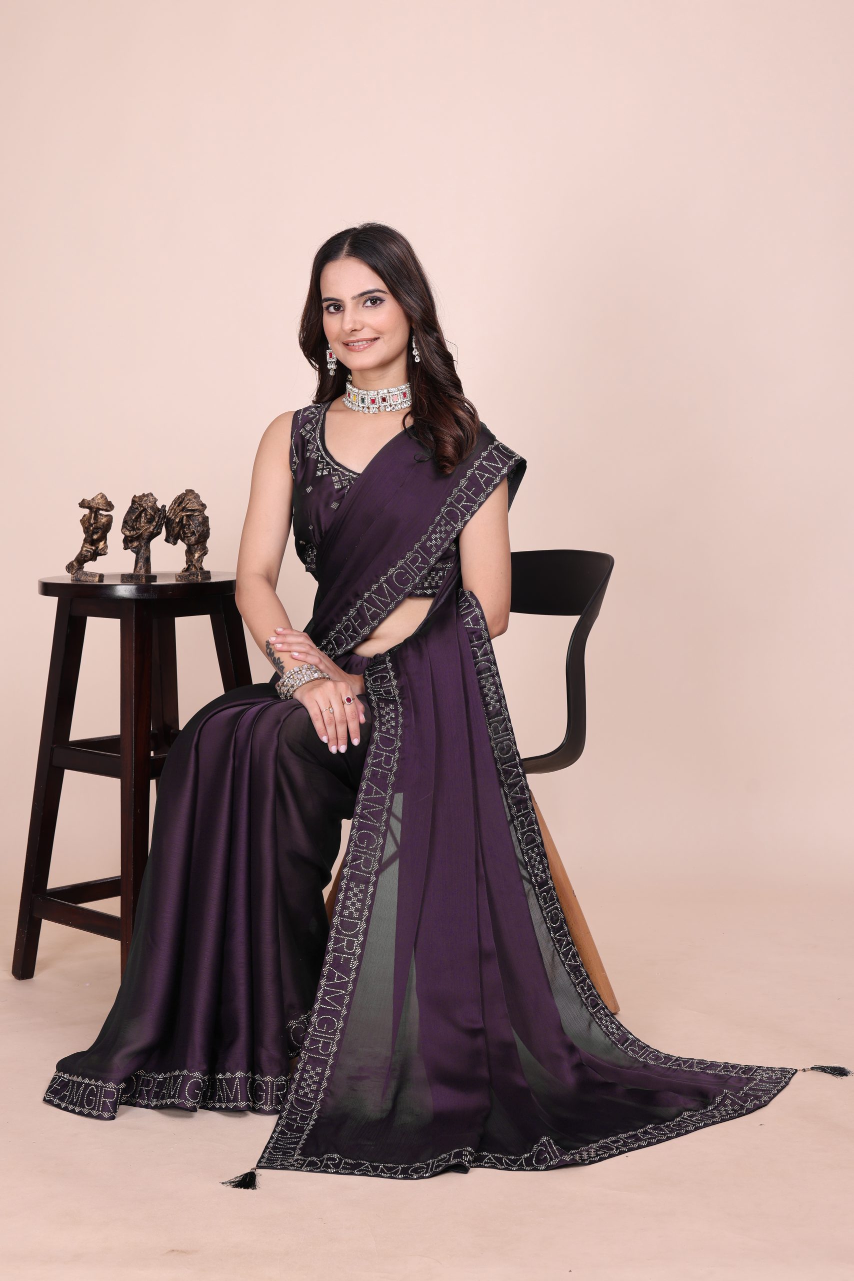 Dark blue dream girl stonework satin saree