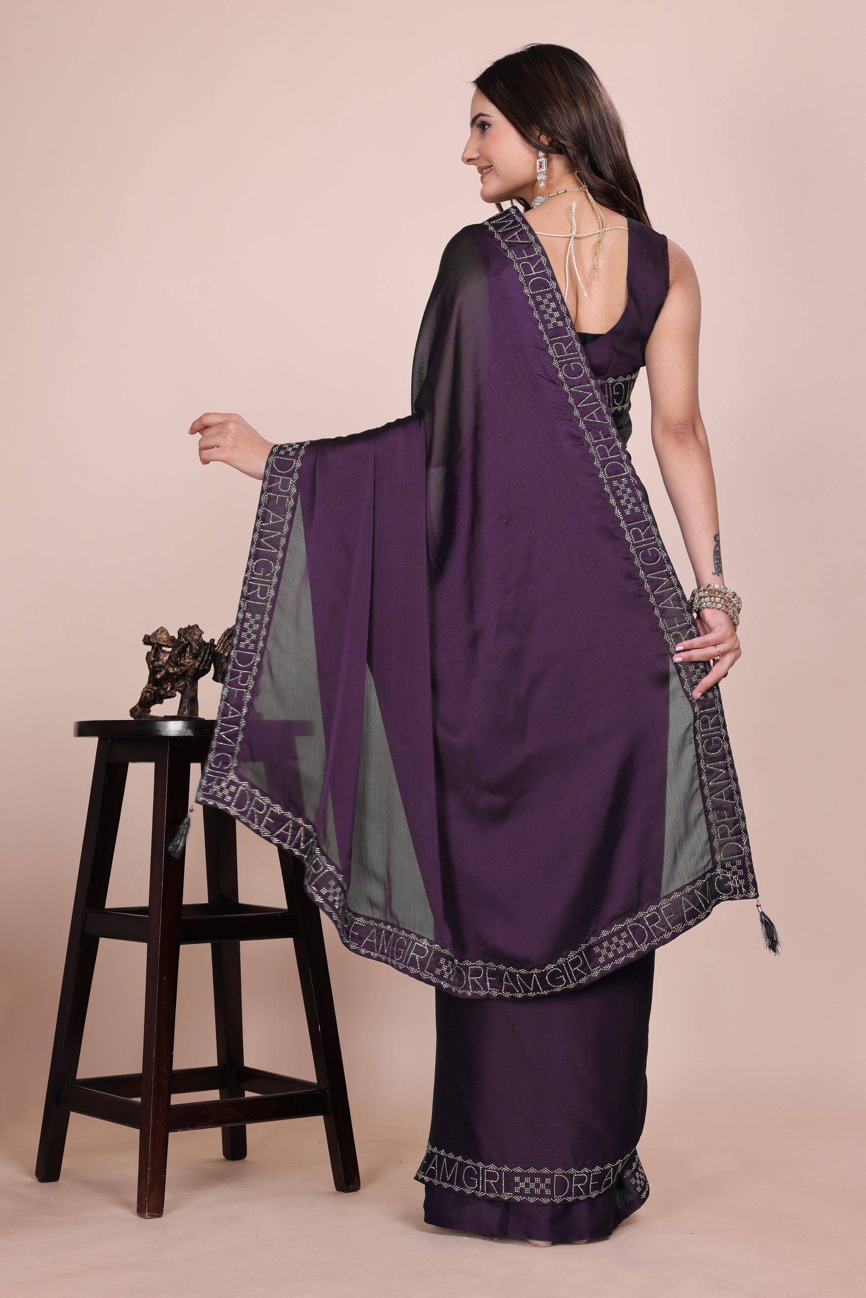 Dark blue dream girl stonework satin saree