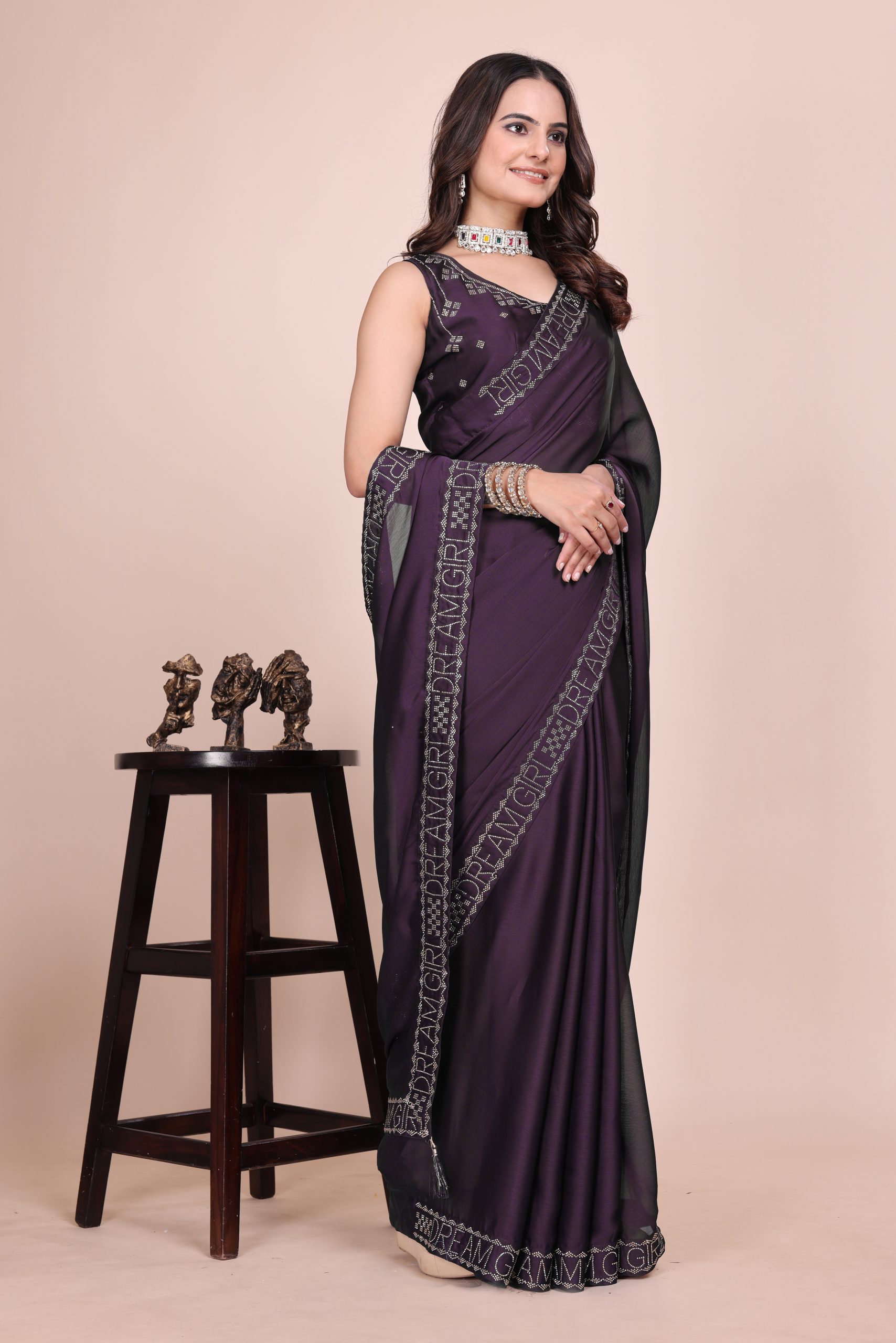 Dark blue dream girl stonework satin saree