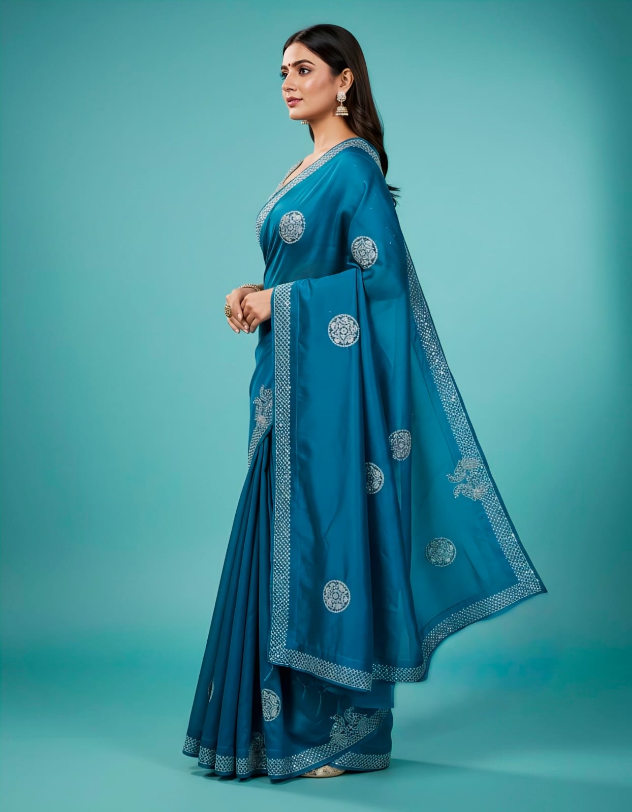 Teal Blue Casual & Festive Wear Saree with Stone work Design