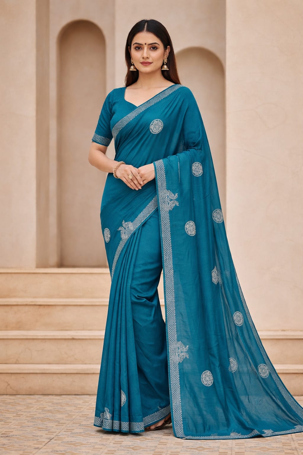 Teal Blue Casual & Festive Wear Saree with Stone work Design