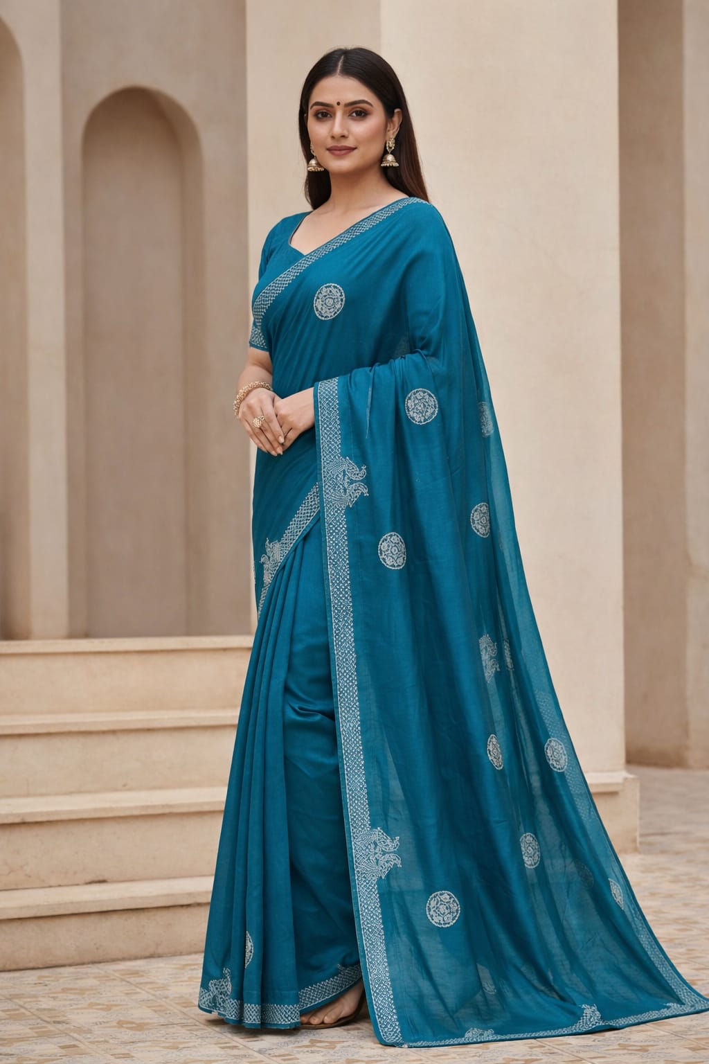 Teal Blue Casual & Festive Wear Saree with Stone work Design