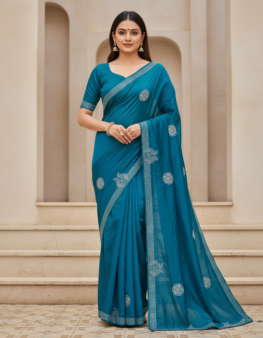 Teal Blue Casual & Festive Wear Saree with Stone work Design