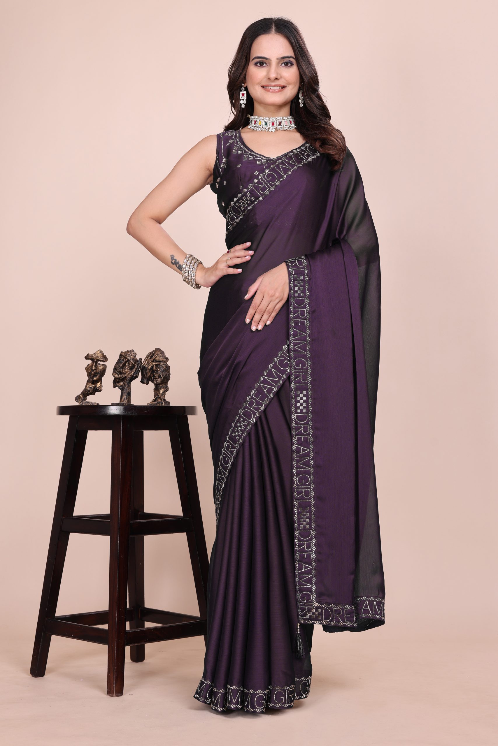 Dark blue dream girl stonework satin saree