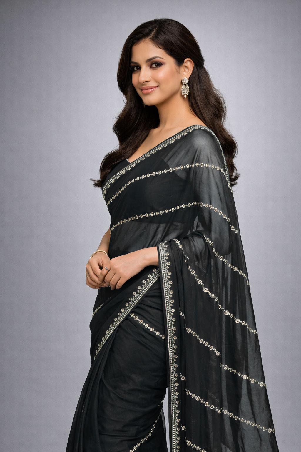 Black Elegant Saree with Golden Stone Work