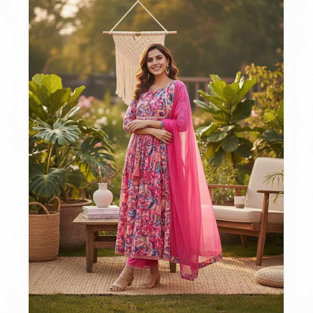 Multicoloured Anarkali with Girlish Sleek Stawl