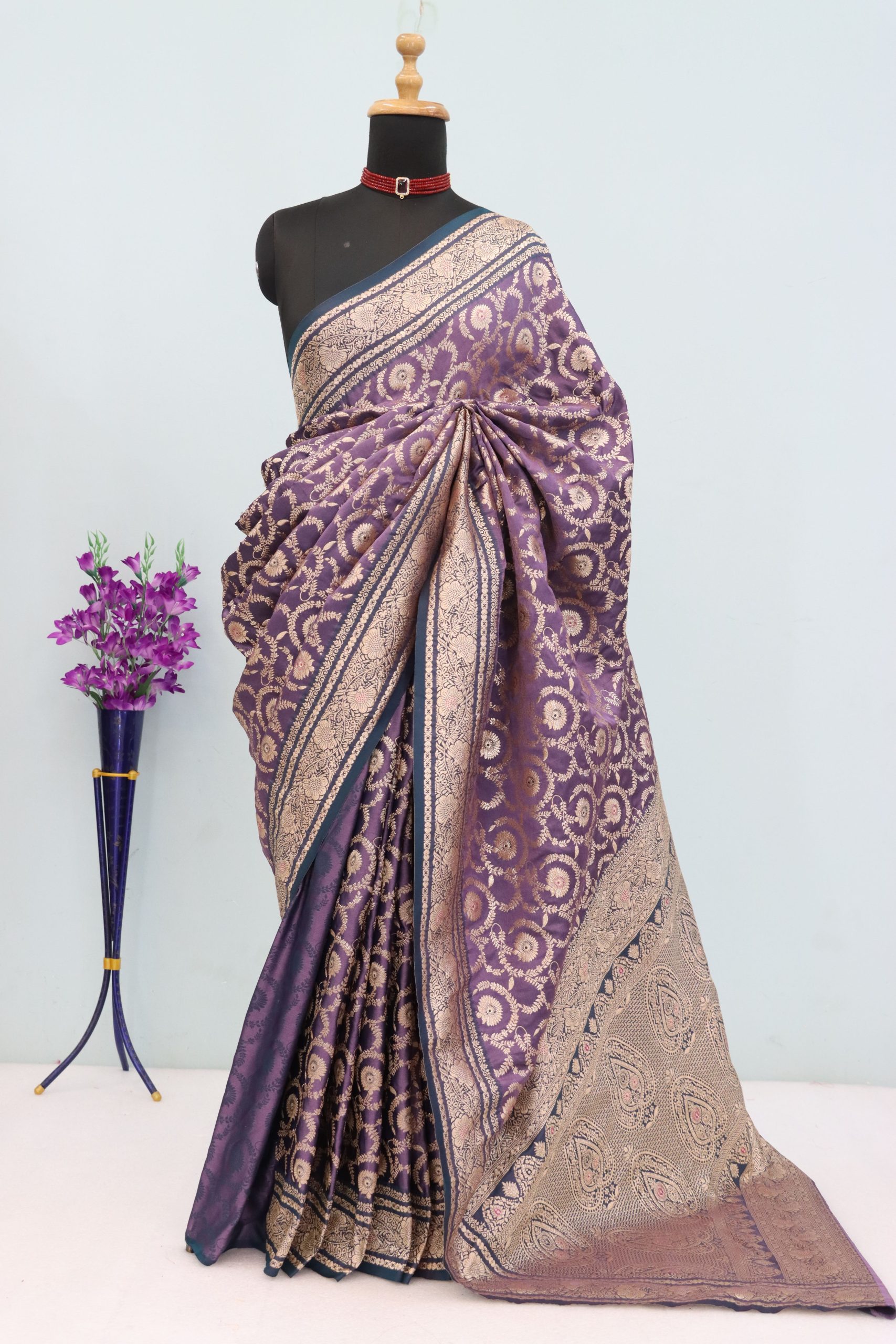 Dusty Purple Banarasi Silk Saree with Blue Border