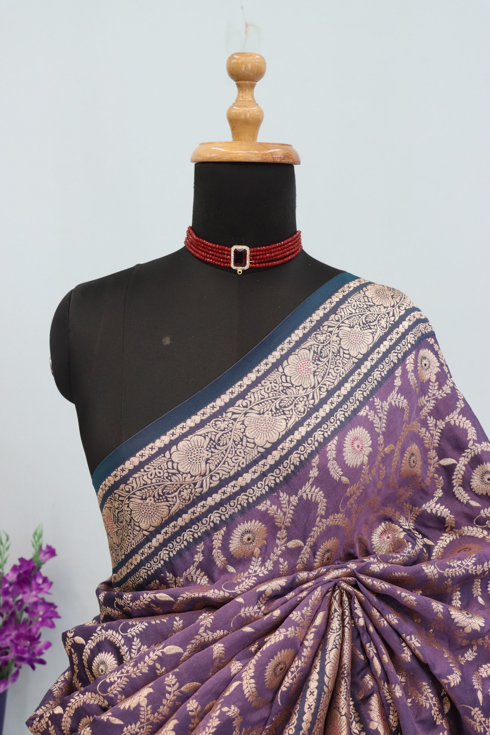 Dusty Purple Banarasi Silk Saree with Blue Border