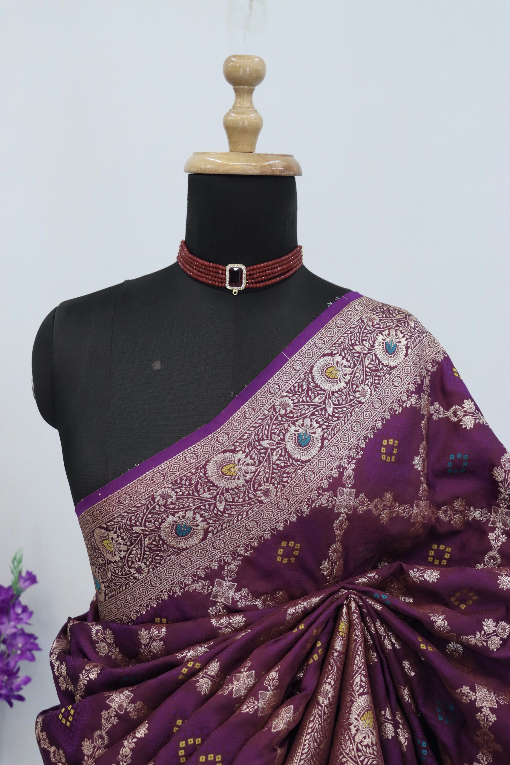 Plum Purple Banarasi Silk Saree with Multicolor Buti