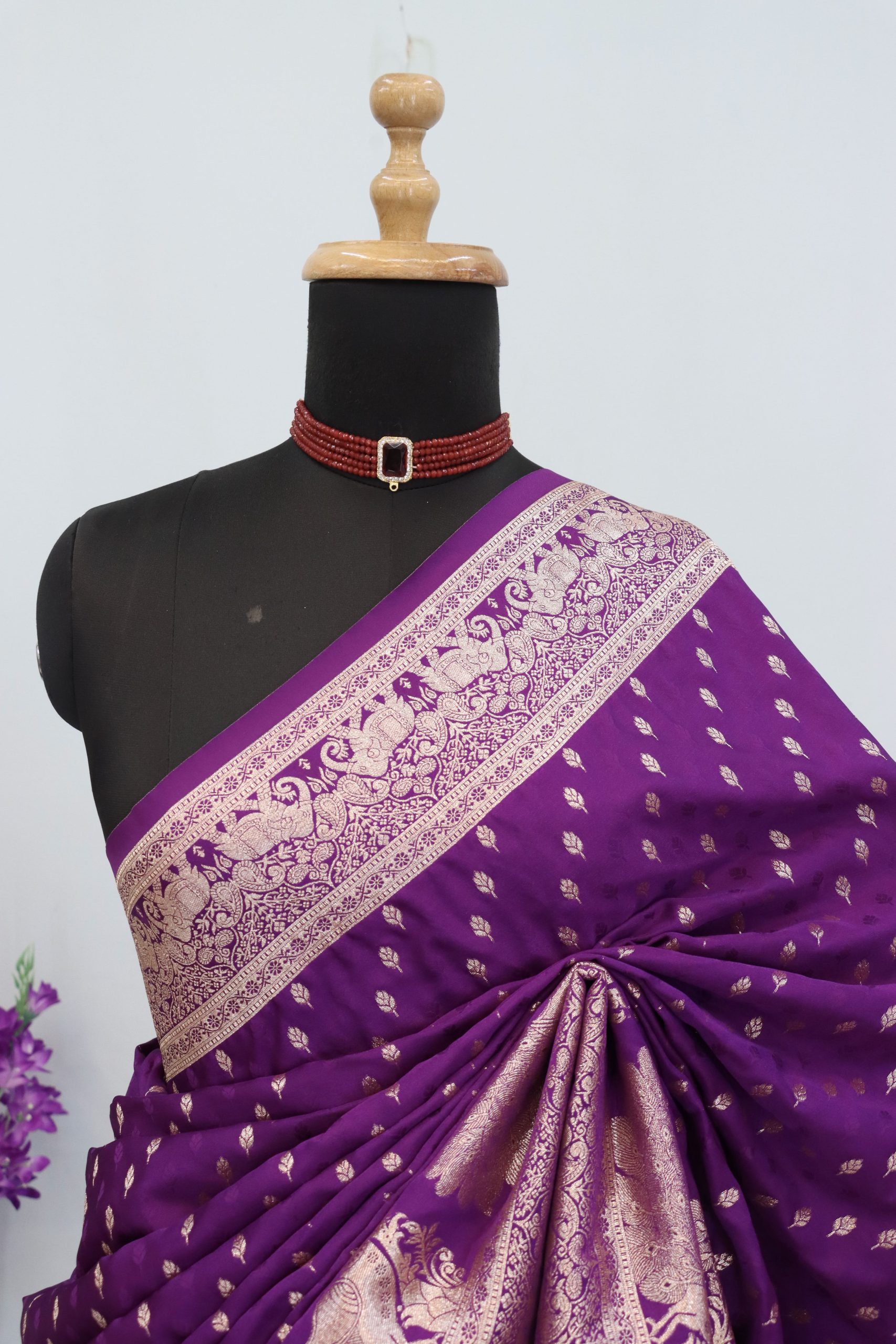 Royal Purple Banarasi Silk Saree with Elephant Border