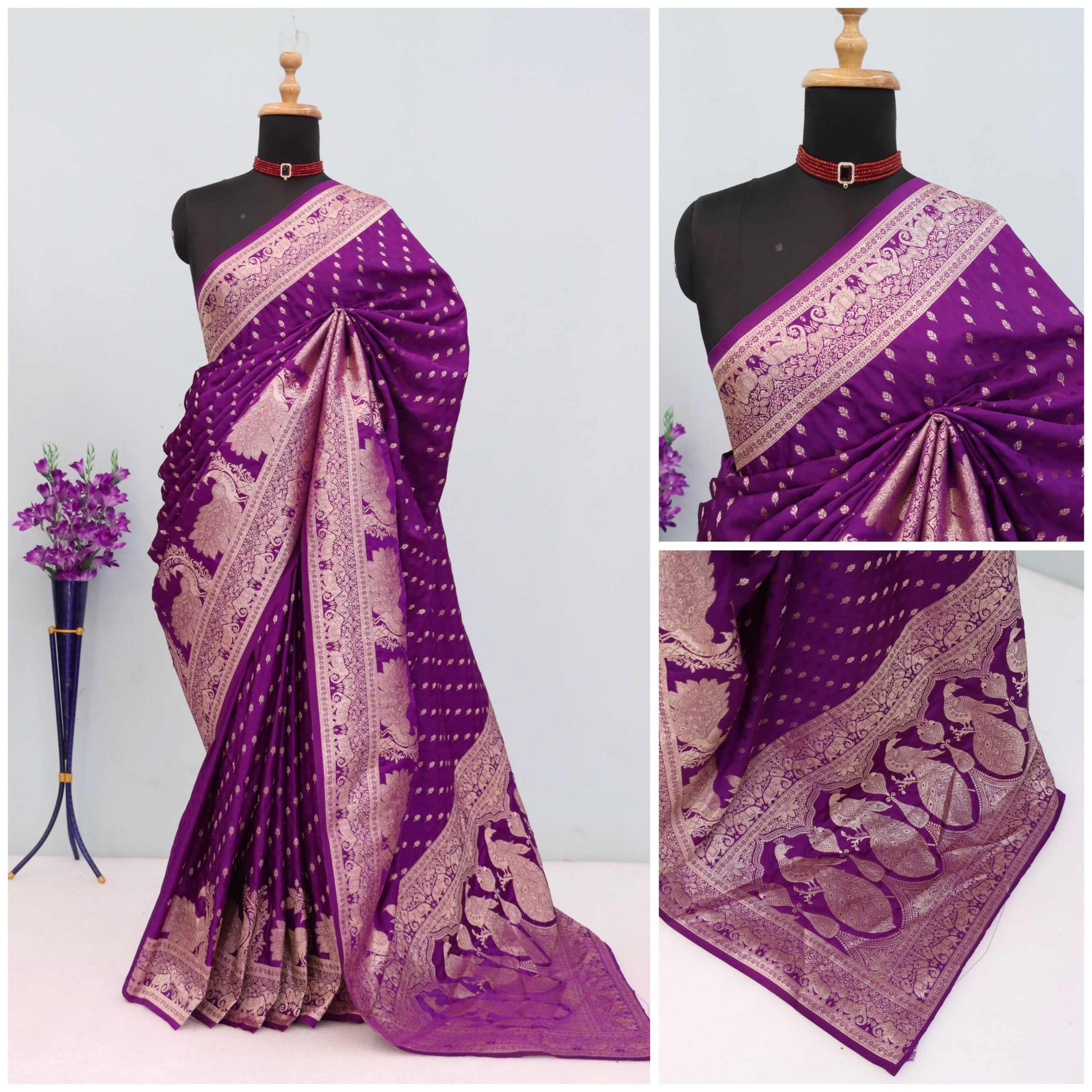Royal Purple Banarasi Silk Saree with Elephant Border